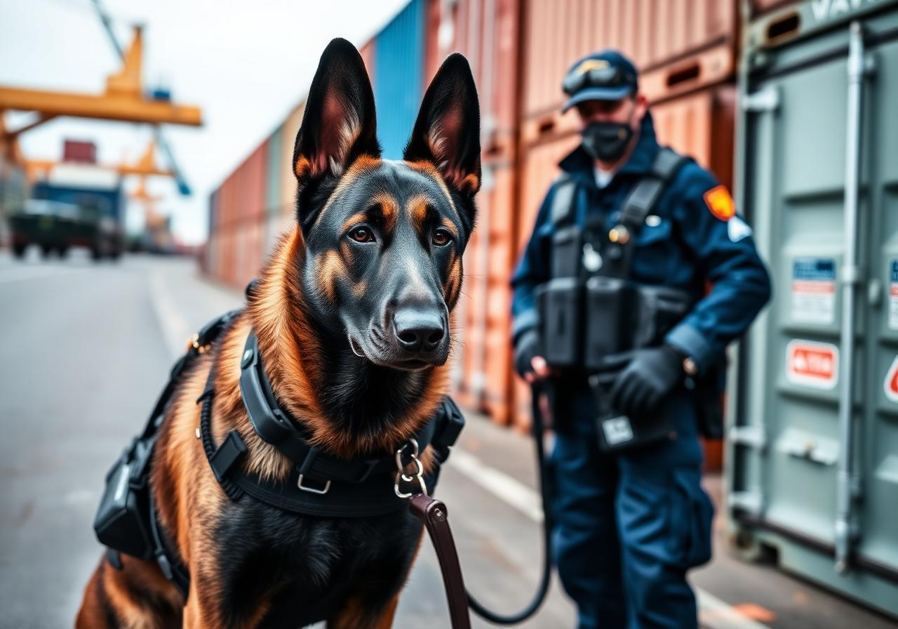 Equipe de cães de detecção trabalhando na segurança do porto